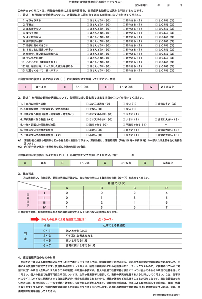 労働者の疲労蓄積度自己診断チェックリスト